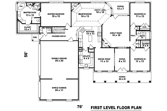 Floor Plan - Main Floor for Southern House Plan #81-1180 - 3 bed, 2.5 bath