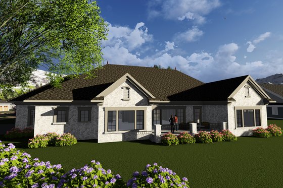 Exterior - Rear Elevation for Ranch House Plan #70-1281 - 3 bed, 2.5 bath