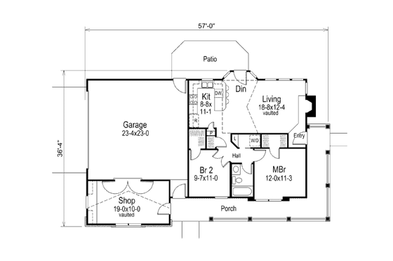 Floor Plan - Main Floor for Farmhouse House Plan #57-340 - 2 bed, 1 bath