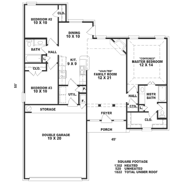 European Style House Plan - 3 Beds 2 Baths 1302 Sq/Ft Plan #81-173 ...