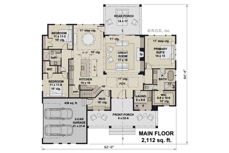 House Blueprint - Floor Plan - Main Floor for Farmhouse House Plan #51-1249 - 3 bed, 2 bath