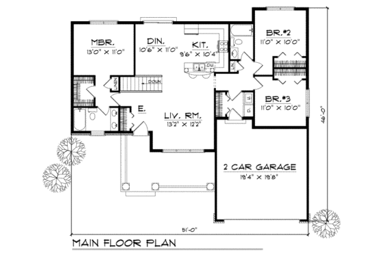Floor Plan - Main Floor for Traditional House Plan #70-104 - 3 bed, 2 bath