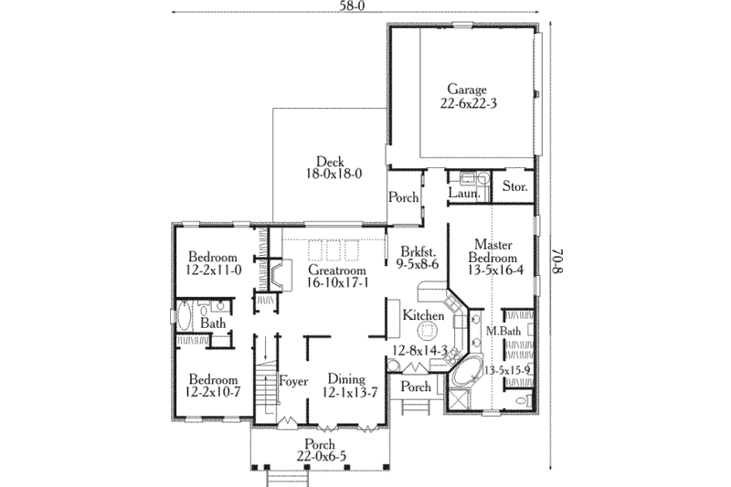 House Blueprint - Floor Plan - Main Floor for Southern House Plan #406-173 - 3 bed, 2 bath