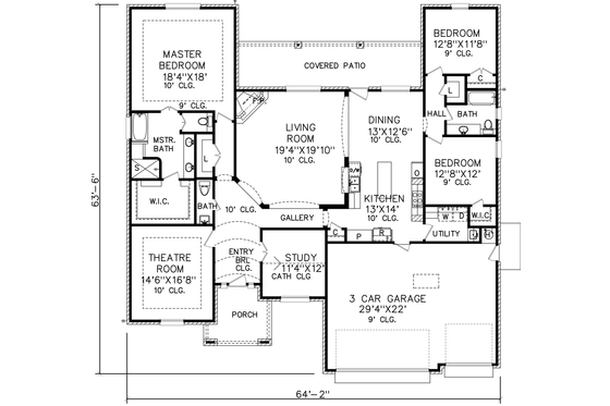 Floor Plan - Main Floor for Ranch House Plan #65-529 - 3 bed, 2.5 bath