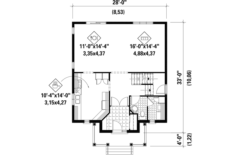 Home Plan - Floor Plan - Main Floor for European House Plan #25-4698 - 3 bed, 1 bath