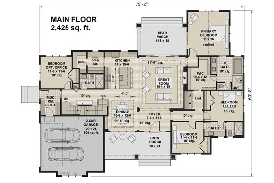 Floor Plan - Main Floor for Farmhouse House Plan #51-1221 - 4 bed, 3 bath
