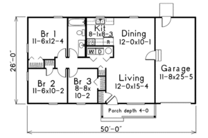 Floor Plan - Main Floor for Ranch House Plan #57-107 - 3 bed, 1 bath