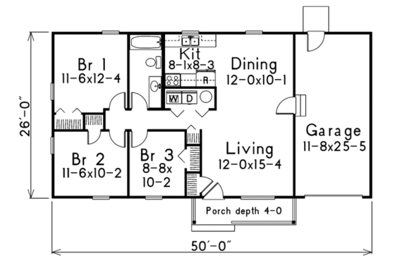 Floor Plan - Main Floor for Ranch House Plan #57-107 - 3 bed, 1 bath