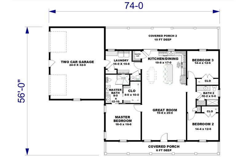 Architectural House Design - Floor Plan - Main Floor for Farmhouse House Plan #44-286 - 3 bed, 2 bath