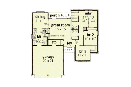Floor Plan - Main Floor for Traditional House Plan #16-104 - 3 bed, 2 bath