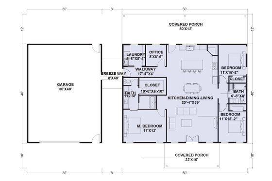 Floor Plan - Main Floor for Barndominium House Plan #1107-3 - 3 bed, 2 bath