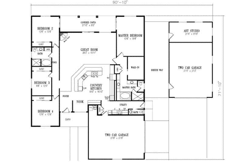 House Blueprint - Floor Plan - Main Floor for Mediterranean House Plan #1-642 - 4 bed, 2.5 bath
