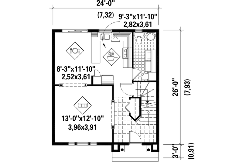 Dream House Plan - Floor Plan - Main Floor for Country House Plan #25-4728 - 3 bed, 1 bath