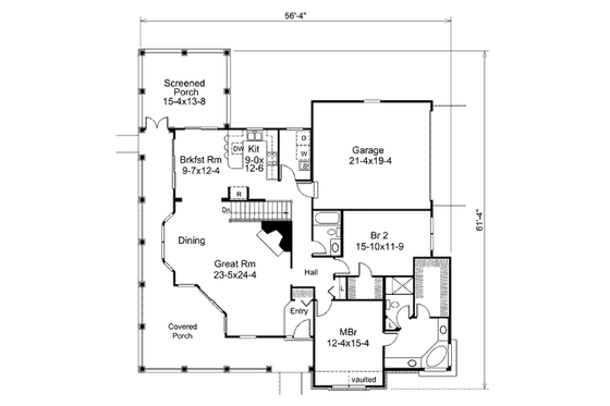 Floor Plan - Main Floor for Farmhouse House Plan #57-377 - 2 bed, 2 bath