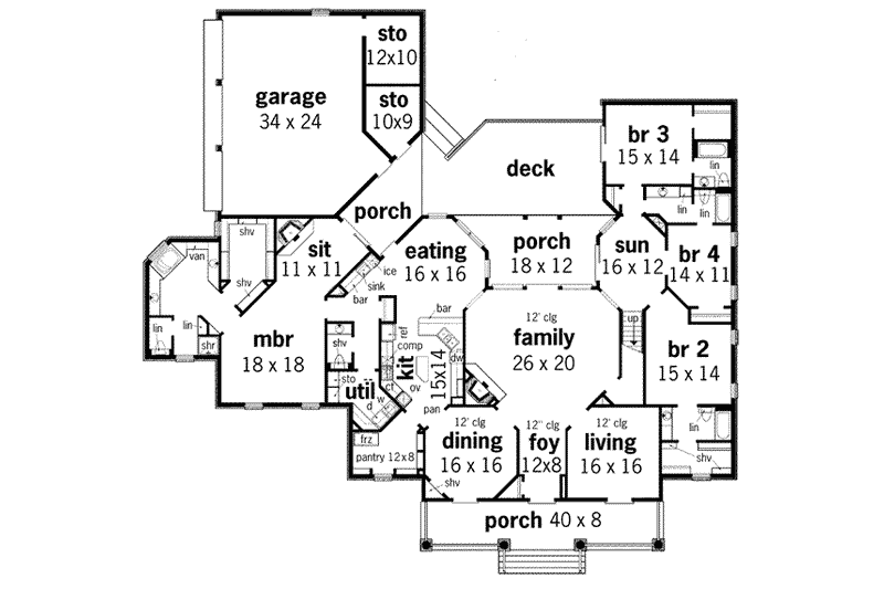 Architectural House Design - Floor Plan - Main Floor for Southern House Plan #45-174 - 4 bed, 4.5 bath
