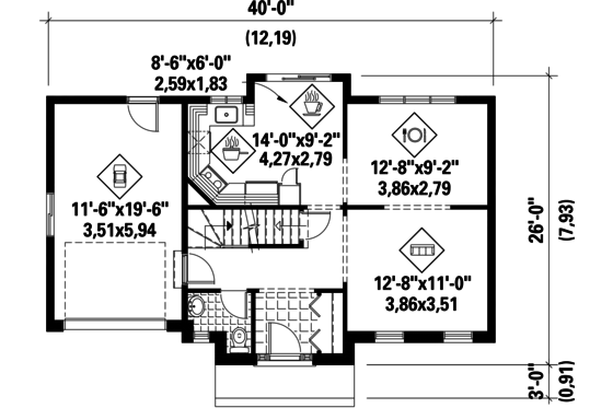 Floor Plan - Main Floor for Colonial House Plan #25-4785 - 3 bed, 1 bath