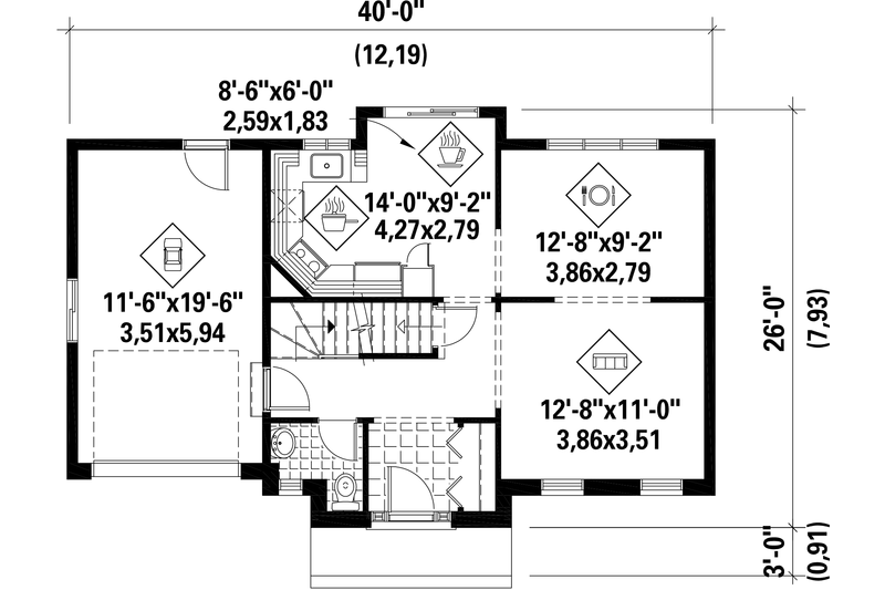 House Plan Design - Floor Plan - Main Floor for Colonial House Plan #25-4785 - 3 bed, 1 bath