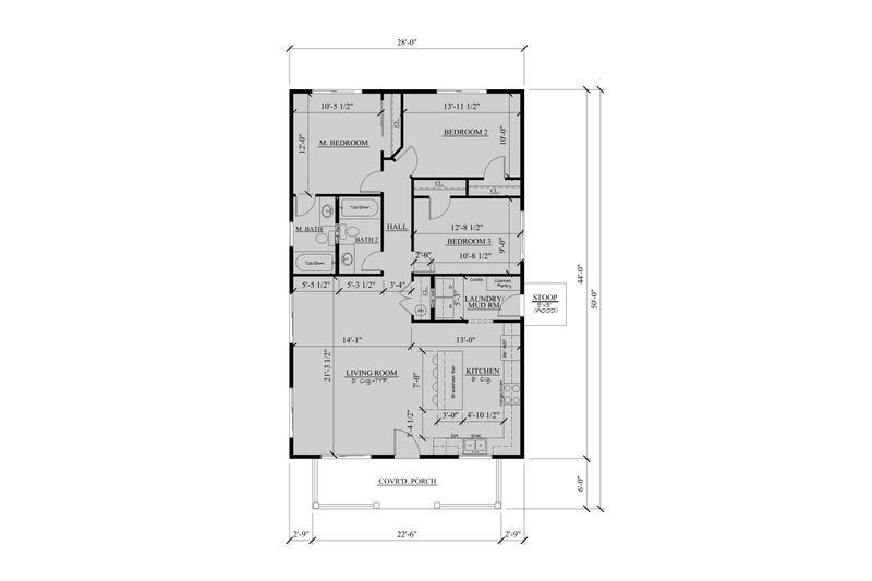 Architectural House Design - Floor Plan - Main Floor for Bungalow House Plan #123-124 - 3 bed, 2 bath