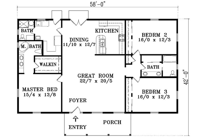 Home Plan - Floor Plan - Main Floor for Adobe / Southwestern House Plan #1-1388 - 3 bed, 2 bath