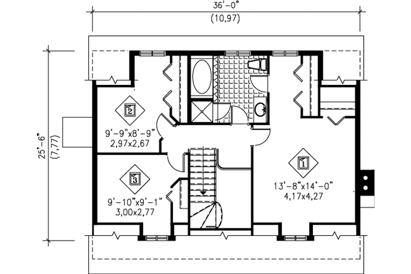 House Blueprint - Floor Plan - Upper Floor for Cottage House Plan #25-4250 - 3 bed, 2 bath