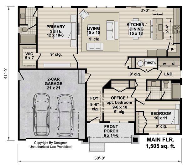 Architectural House Design - Floor Plan - Main Floor for Craftsman House Plan #51-1559 - 2 bed, 2 bath