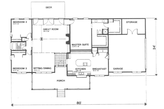 Floor Plan - Main Floor for Ranch House Plan #30-166 - 3 bed, 2 bath