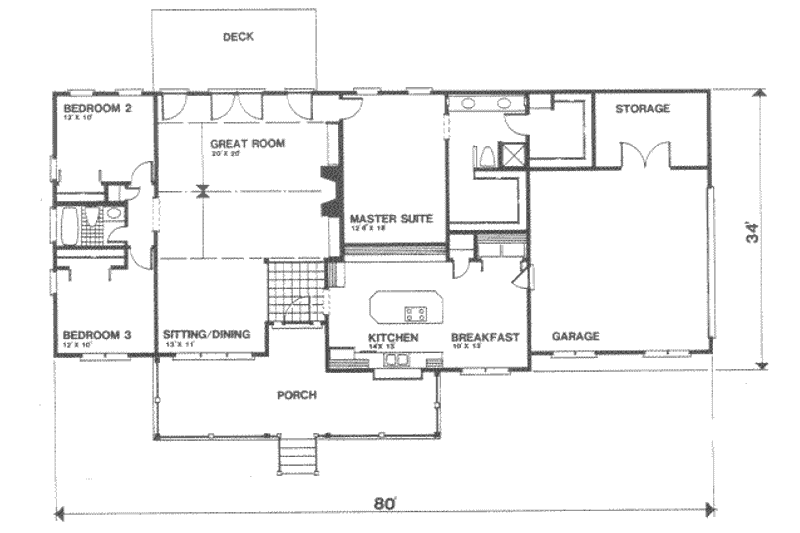 House Blueprint - Floor Plan - Main Floor for Ranch House Plan #30-166 - 3 bed, 2 bath