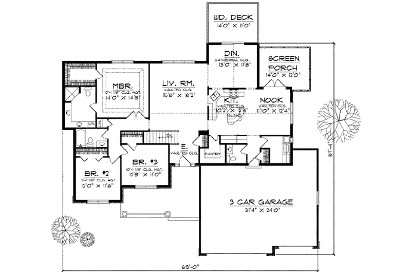 House Design - Floor Plan - Main Floor for Ranch House Plan #70-596 - 3 bed, 2.5 bath