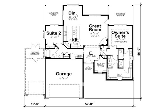 Floor Plan - Main Floor for Craftsman House Plan #20-2336 - 2 bed, 1.5 bath