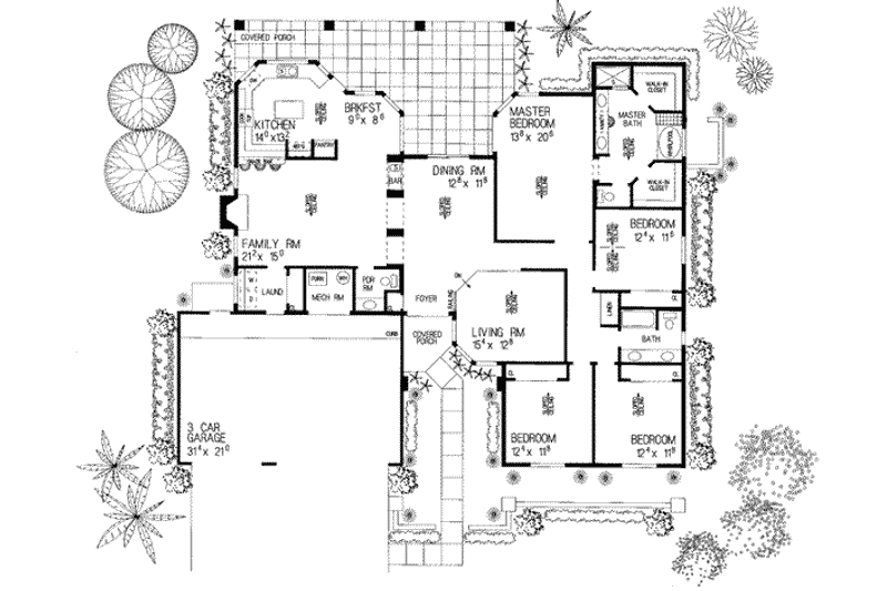 House Blueprint - Floor Plan - Main Floor for Adobe / Southwestern House Plan #72-217 - 4 bed, 2.5 bath