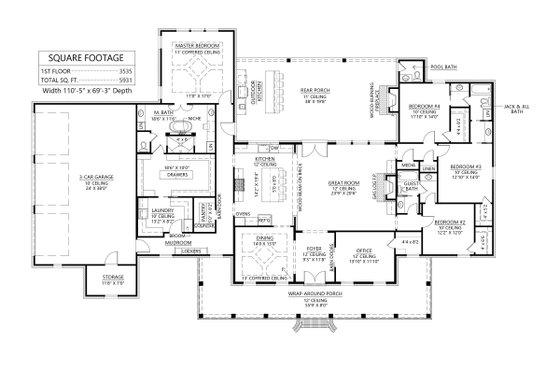 Floor Plan - Main Floor for Southern House Plan #1074-38 - 4 bed, 3.5 bath