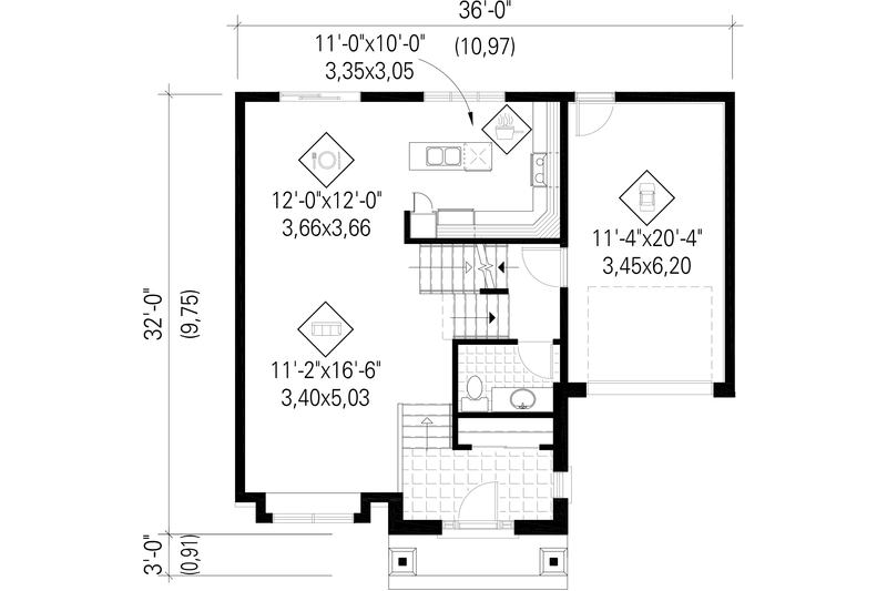 House Blueprint - Floor Plan - Main Floor for Country House Plan #25-4299 - 3 bed, 1 bath
