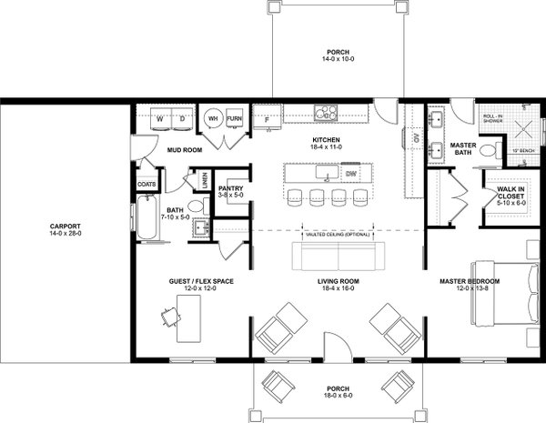 House Blueprint - Floor Plan - Main Floor for Farmhouse House Plan #126-313 - 2 bed, 2 bath