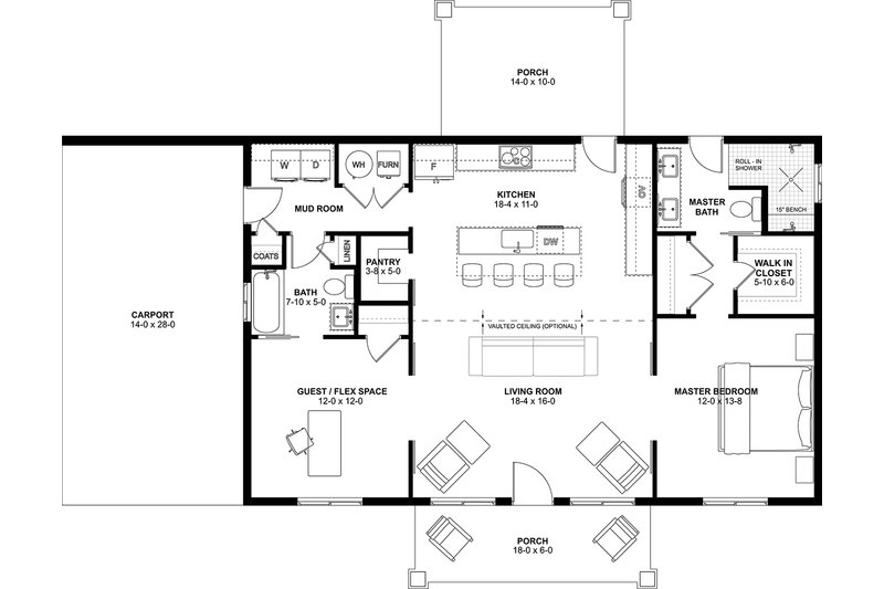 House Blueprint - Floor Plan - Main Floor for Farmhouse House Plan #126-313 - 2 bed, 2 bath