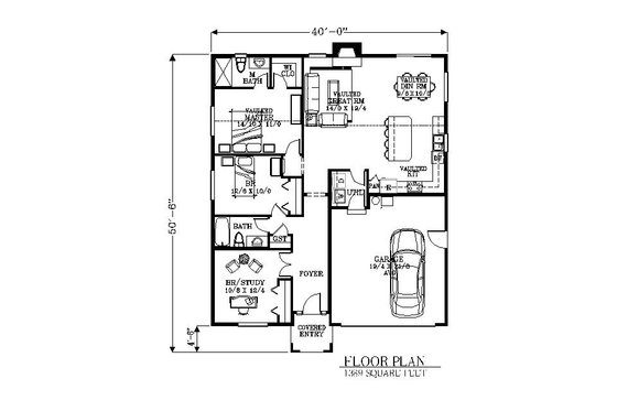 Floor Plan - Main Floor for Bungalow House Plan #53-436 - 3 bed, 2 bath