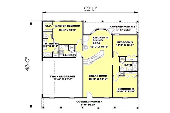 Floor Plan - Main Floor for Ranch House Plan #44-134 - 3 bed, 2 bath