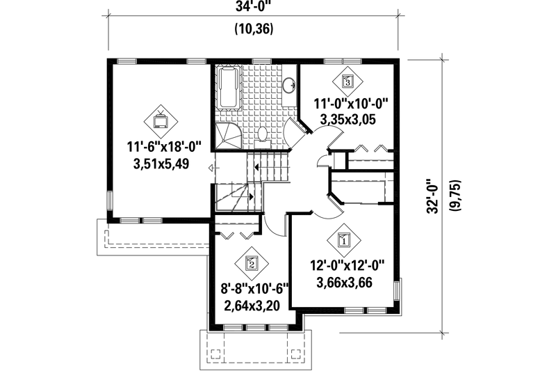 House Blueprint - Floor Plan - Upper Floor for Traditional House Plan #25-4663 - 3 bed, 1 bath