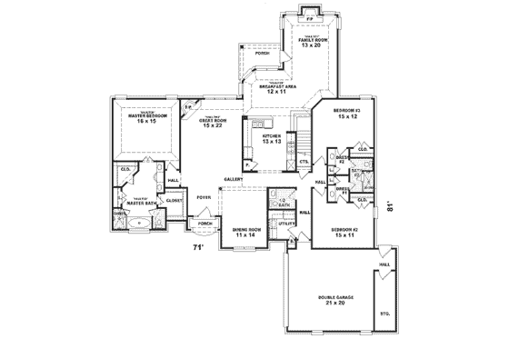 Floor Plan - Main Floor for Southern House Plan #81-390 - 4 bed, 3.5 bath
