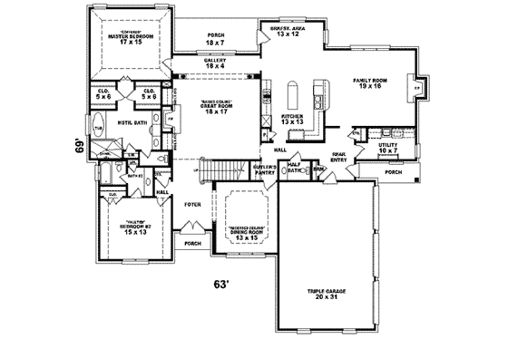 Floor Plan - Main Floor for European House Plan #81-627 - 4 bed, 3.5 bath