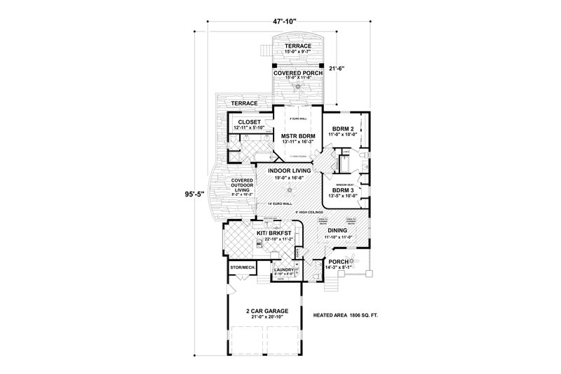 House Blueprint - Floor Plan - Main Floor for Craftsman House Plan #56-709 - 3 bed, 2.5 bath