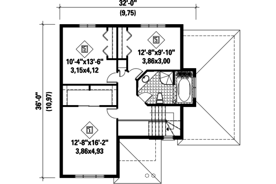 Floor Plan - Upper Floor for European House Plan #25-4846 - 3 bed, 1 bath