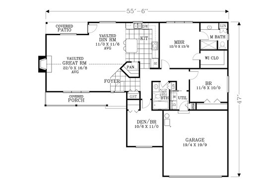 Floor Plan - Main Floor for Craftsman House Plan #53-537 - 3 bed, 2 bath