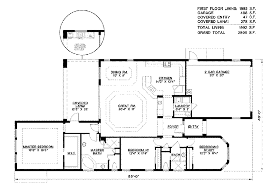 Floor Plan - Main Floor for Mediterranean House Plan #27-244 - 3 bed, 2 bath