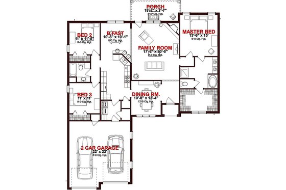 Floor Plan - Main Floor for Ranch House Plan #63-259 - 3 bed, 2 bath