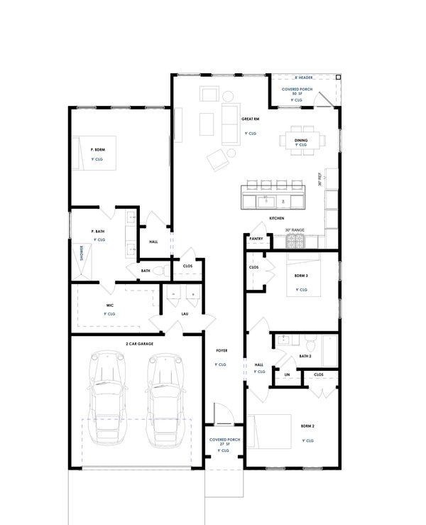 House Blueprint - Floor Plan - Main Floor for Ranch House Plan #1129-22 - 3 bed, 2 bath