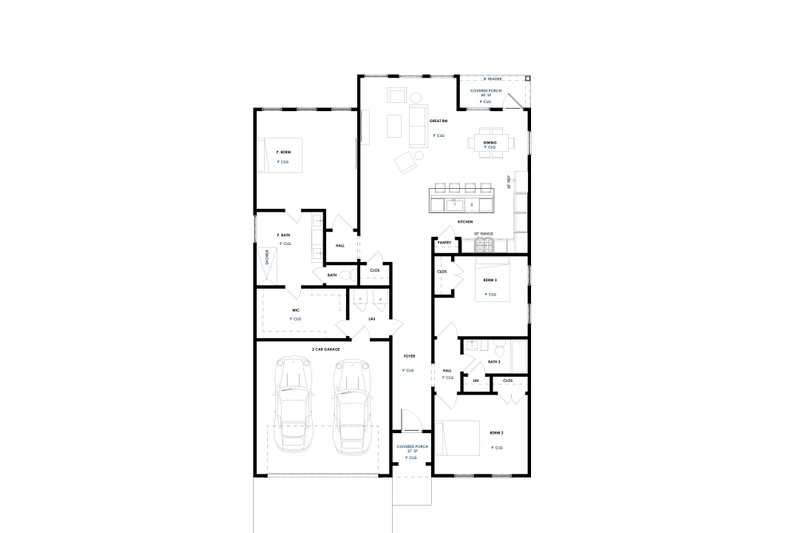 House Blueprint - Floor Plan - Main Floor for Ranch House Plan #1129-22 - 3 bed, 2 bath