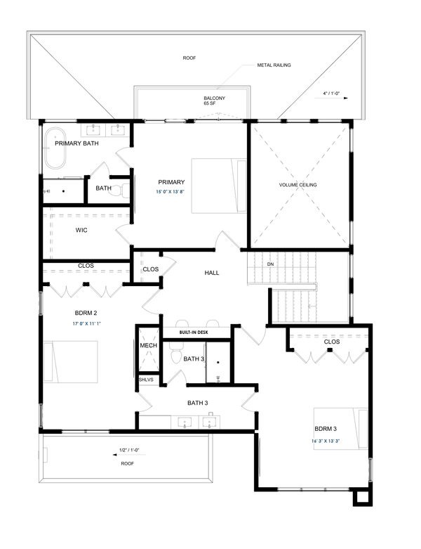 Home Plan - Floor Plan - Upper Floor for Contemporary House Plan #1129-10 - 4 bed, 3 bath
