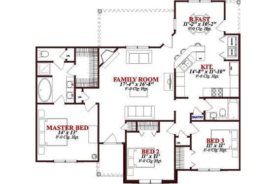 Floor Plan - Main Floor for Bungalow House Plan #63-307 - 3 bed, 2 bath
