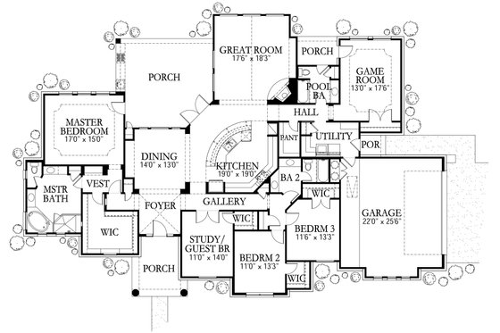 Floor Plan - Main Floor for Mediterranean House Plan #80-179 - 5 bed, 3 bath