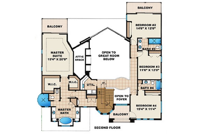 House Blueprint - Floor Plan - Upper Floor for Mediterranean House Plan #27-206 - 4 bed, 4 bath